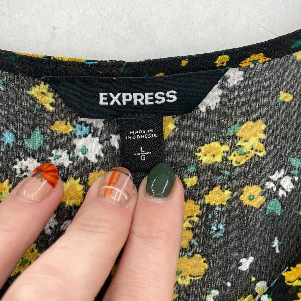 Express Women's Floral Wrap Blouse Large Black Yellow Bishop Sleeve Tie‎ Waist - Picture 5 of 13